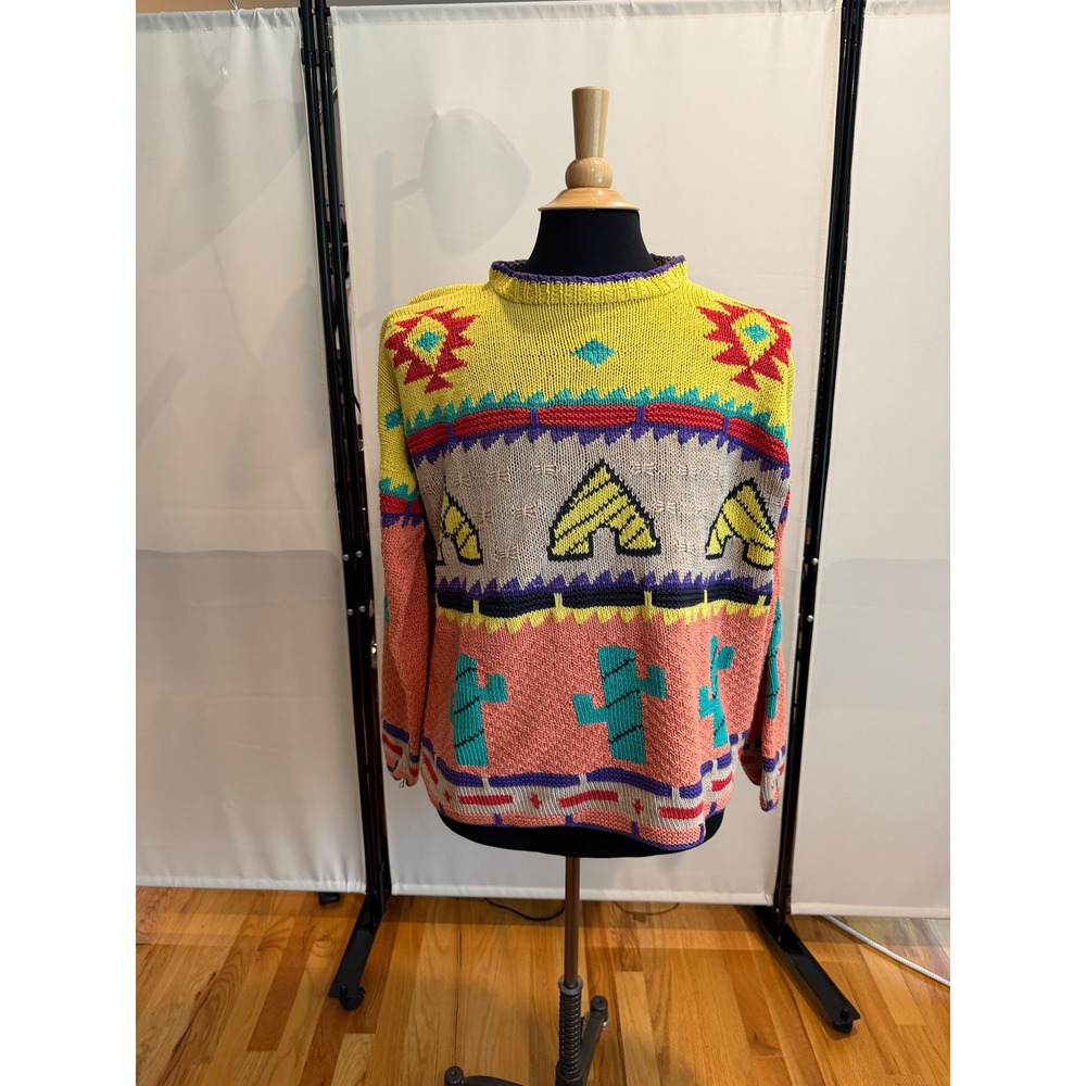 Alfonso Pozo Globetrotter Vintage Hand Knit Cotton Southwestern Sweater L to xl